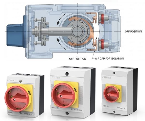 Isolator switch cutaway showing contact separation mechanism