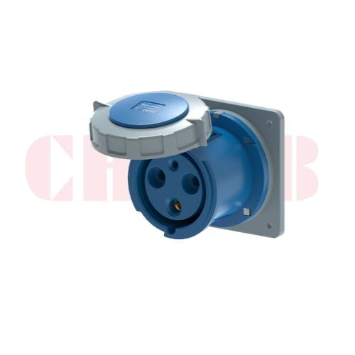 125A 3-Pin Flanged Industrial Socket, IP67, 230V, IEC 60309 Blue CEE Panel Mounted Socket (6h)