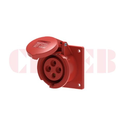 16A 4-Pin Flanged Industrial Socket, IP44, 400V, IEC 60309 Red CEE Panel Mounted Socket (6h)