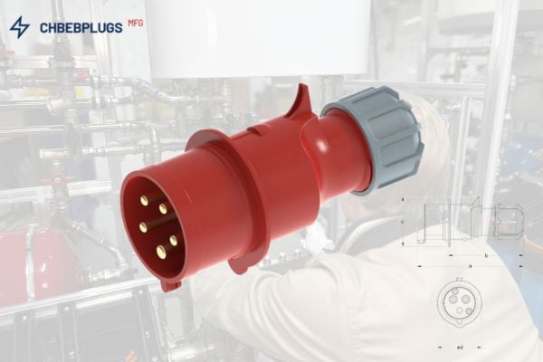 A 32A 5-pin 3-phase industrial plug connector on a factory floor
