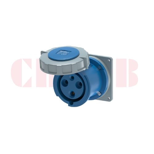 63A 3-Pin Flanged Industrial Socket, IP67, 230V, IEC 60309 Blue CEE Panel Mounted Socket (6h)