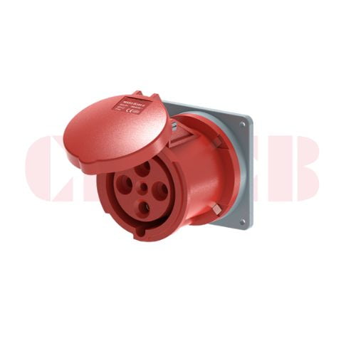 63A 4-Pin Flanged Industrial Socket, IP44, 400V, IEC 60309 Red CEE Panel Mounted Socket (6h)