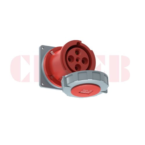 63A 4-Pin Flanged Industrial Socket, IP67, 400V, IEC 60309 Red CEE Panel Mounted Socket (6h)