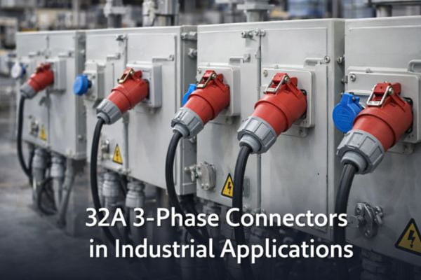 A row of industrial distribution boxes with 32A connectors in a factory