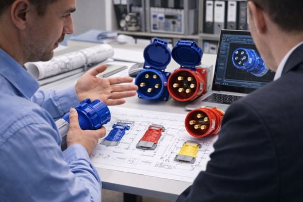 An engineer discussing custom industrial plug designs with a client