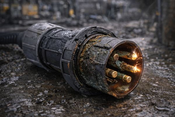 A cracked and corroded industrial plug in a harsh environment