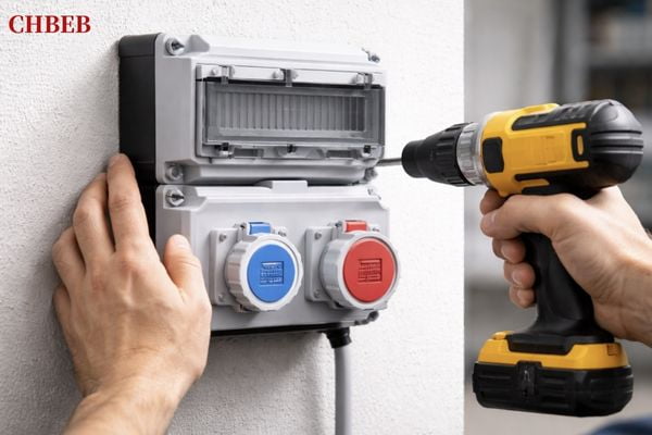 High-Quality Industrial Socket Box A close-up of a high-quality industrial socket box being installed