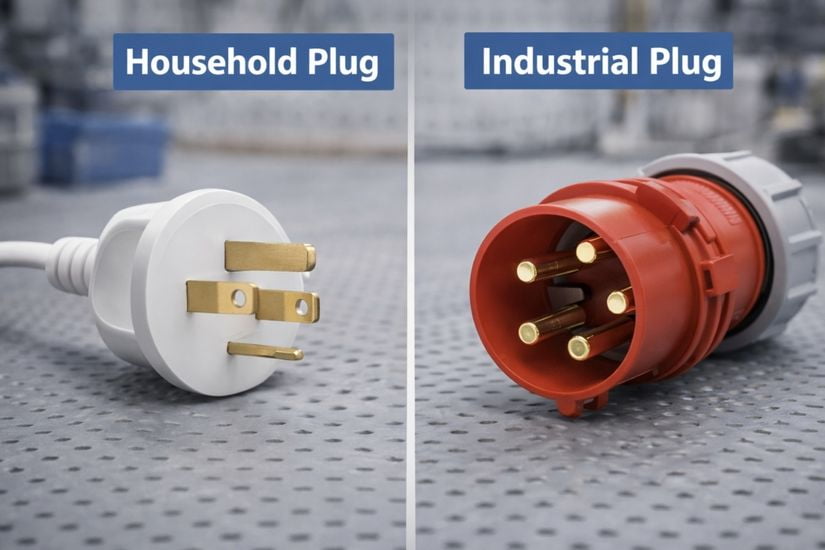 A side-by-side comparison of a household plug and an industrial plug