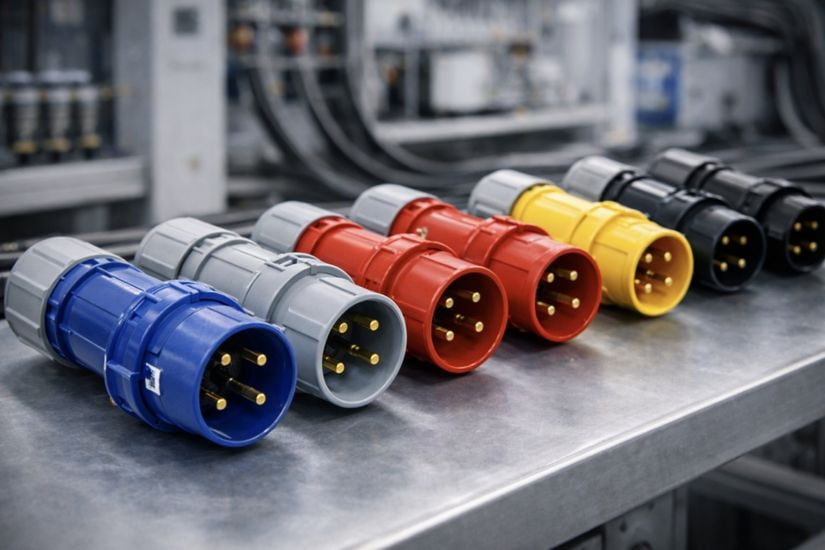IEC 60309 Color Coded Plugs An array of colorful IEC 60309 industrial plugs lined up, showing the distinct blue, red, and yellow colors.