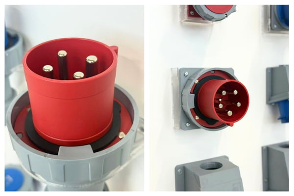 A close-up of the internal contacts of an industrial plug