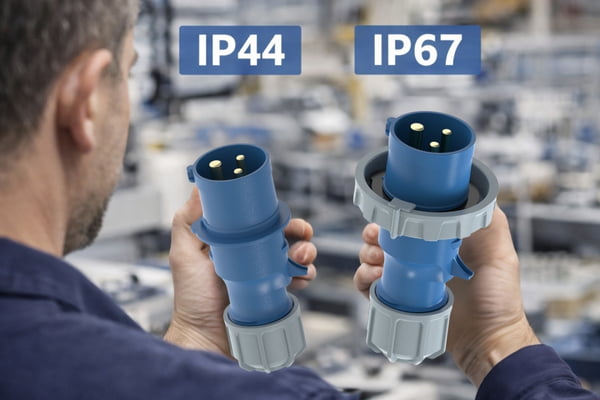 An engineer comparing IP44 and IP67 industrial plugs