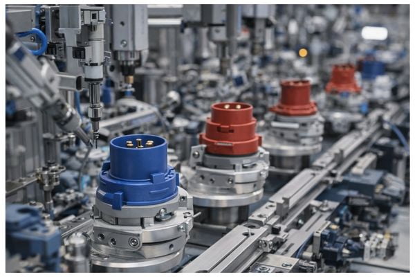 An assembly line showing the manufacturing process of industrial plugs