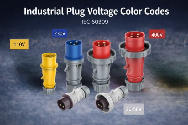 A diagram showing the different color codes for voltage on industrial plugs