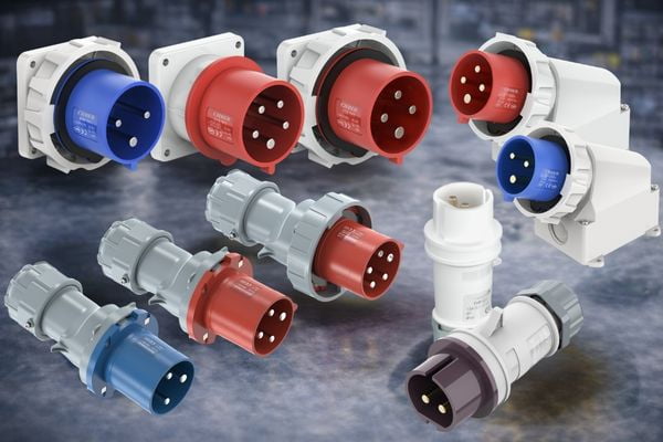 A collection of different IEC 60309 industrial plugs and sockets