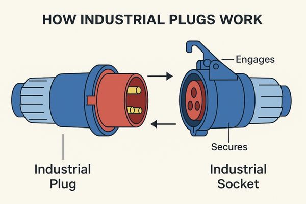 Diagram showing how an industrial plug and socket connect securely.