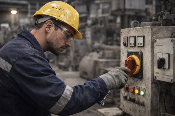 Industrial Worker in Metallurgy Plant A worker operating machinery in a hot, industrial environment