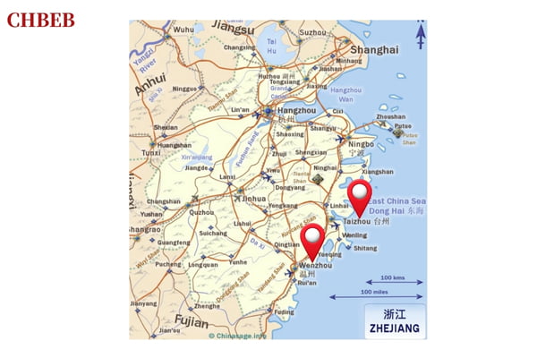 Key Manufacturing Regions in China A map of China highlighting the industrial regions of Wenzhou and Taizhou