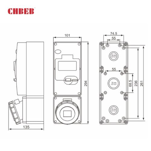 16A 3-Pin Socket Outlet Box with Switch, IP67, 230V, IEC Industrial Power Distribution Unit