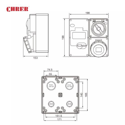 16A 5-Pin Socket Outlet Box with Switch, IP67, 400V, IEC Industrial Power Distribution Unit