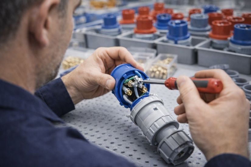 A factory worker carefully assembling an industrial plug