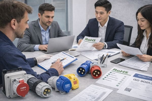 A team reviewing compliance documents and product samples in a meeting
