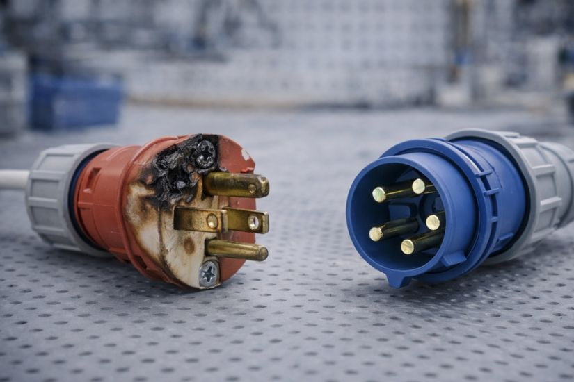 A burnt and damaged electrical plug next to a new one