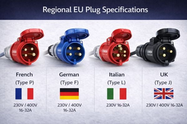 A diagram showing different EU plug pin configurations like French and Swiss types