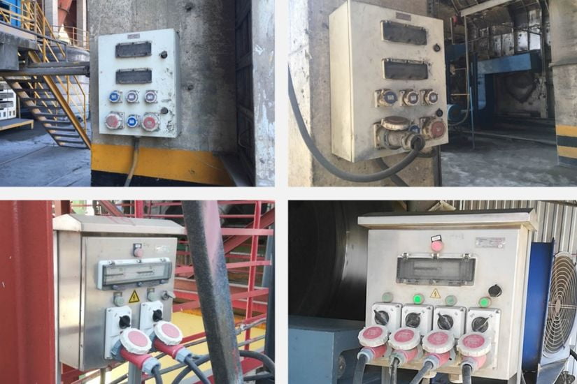 An outdoor resort area with lighting and power outlets