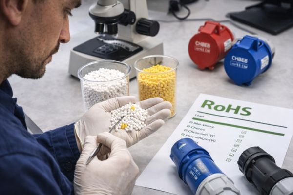 A technician inspecting raw plastic pellets for RoHS compliance