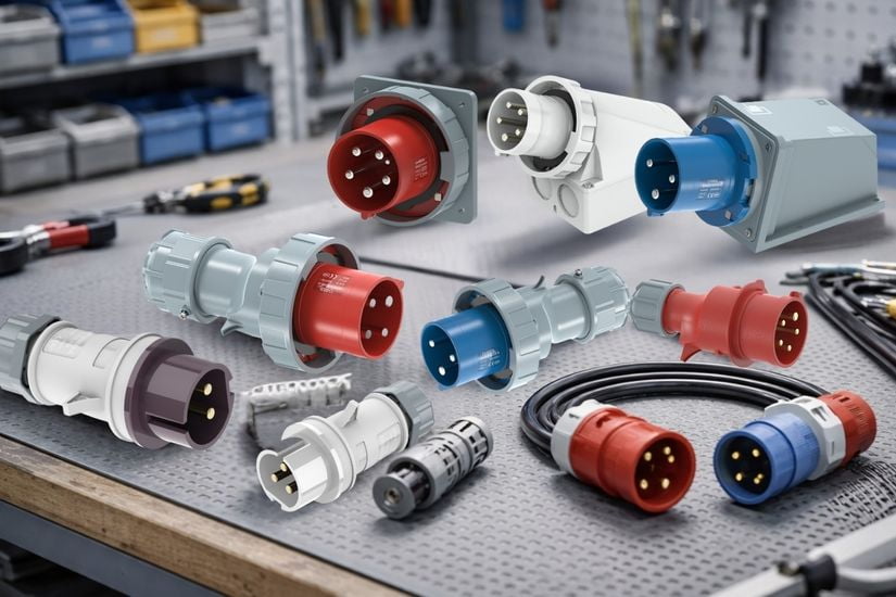 A collection of different electrical plugs on a workbench