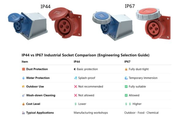 A chart showing different IP ratings for industrial sockets.