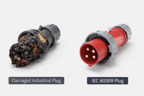 A burnt and melted industrial plug next to a pristine new one