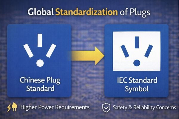 A graphic showing a Chinese plug standard aligning with an international IEC standard symbol