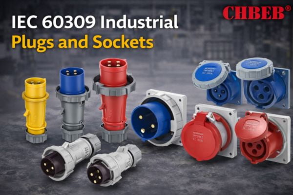 An array of colorful IEC 60309 industrial plugs and sockets