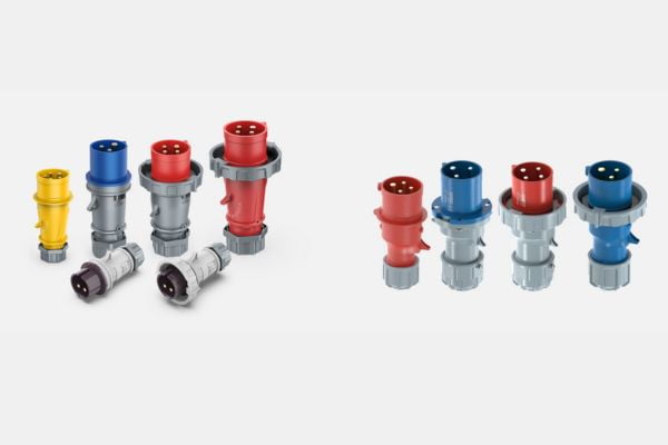 A collection of IEC 60309 certified plugs with different color codes.