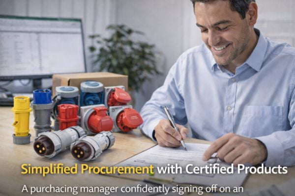 A purchasing manager confidently signing off on an order of certified IEC 60309 products