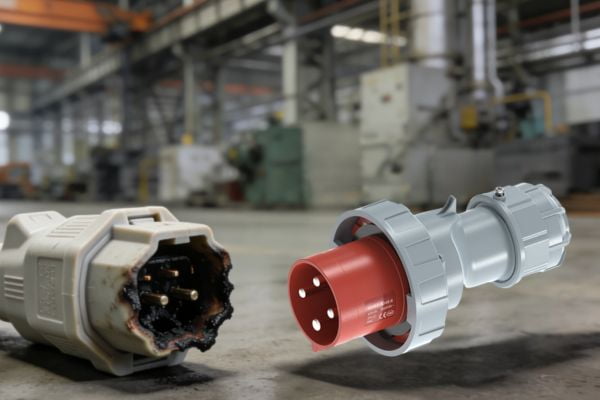 Standard Plug vs. Heavy-Duty Connector A worn-out and slightly melted standard industrial plug next to a new, robust heavy-duty connector.
