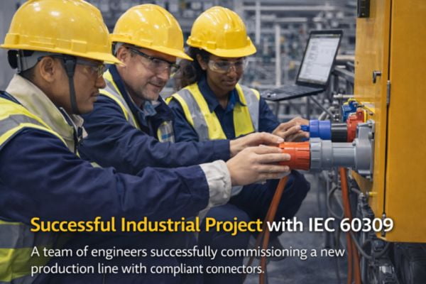 A team of engineers successfully commissioning a new production line with compliant connectors
