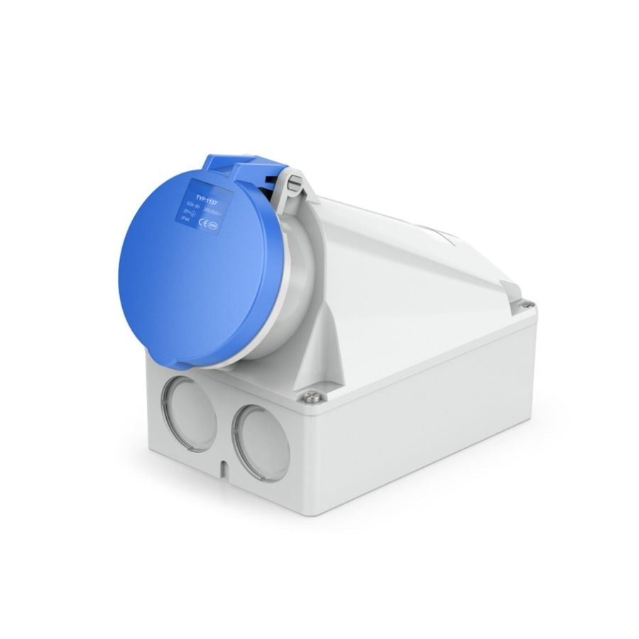 63A 3-Pin Industrial Socket, IP44, 230V, IEC 60309 Blue CEE Socket (6h)