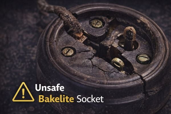 Unsafe Bakelite Sockets A close-up of a cracked and worn-out vintage Bakelite socket.