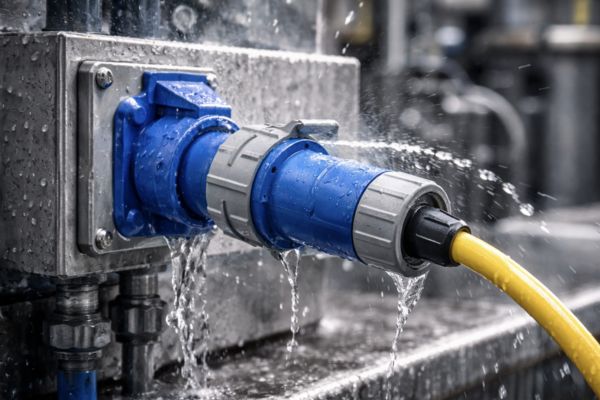 An industrial plug being used in a wet, demanding environment