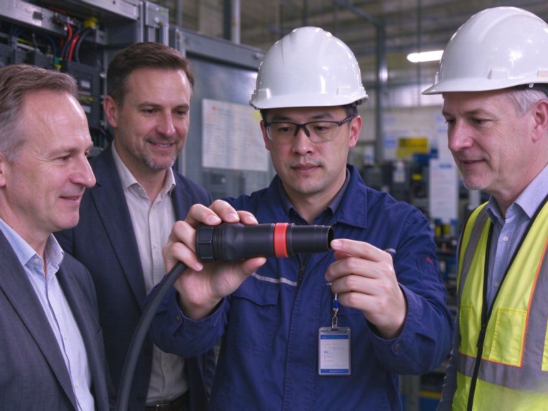 Two workers holding a cable connector in an industrial setting