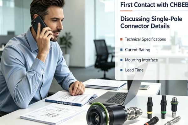A person on a phone call in an office, discussing technical specifications for industrial connectors.