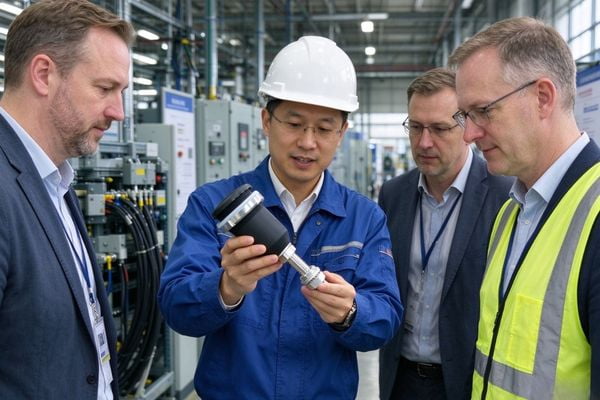 An engineer examining a single-pole connector with a colleague