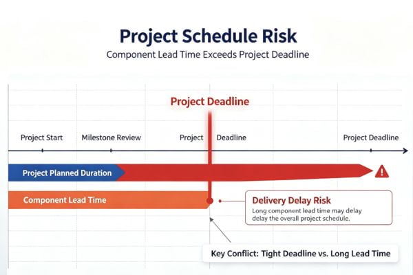 A calendar showing a tight project deadline with a long lead time for components.